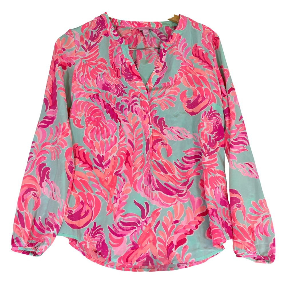 Lilly Pulitzer Elsa Silk Top Pink Aqua Tropical Feather Print Blouse Small
